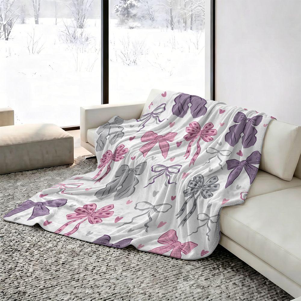 Pastel Bow and Heart Print Cooling Blanket Q-Max-0.35 Cool Fiber Soft Summer Cooling Throw for Kids Girls Bedroom Bedding Nap 100cmx150cm