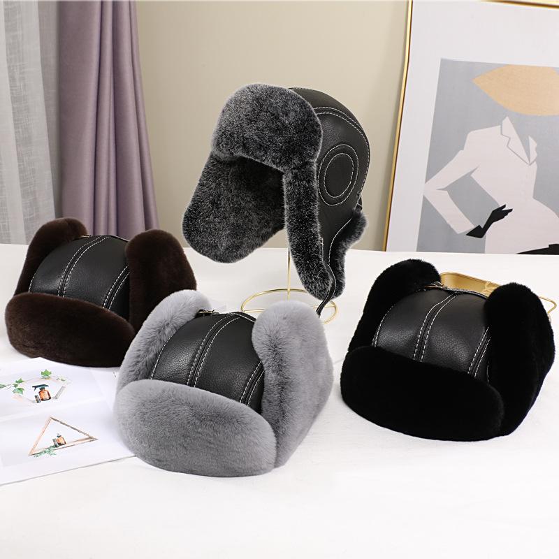 New Winter Men's Rex Rabbit Fur Bomber Hat Ushanka Cap Trapper fluffy Man Ski Hats Caps Real Sheepskin Leather