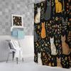 Cute Cat Shower Curtain, Funny Animal Cartoon Cat Floral Wildflower Black Fabric Shower Curtains Set For Bathroom Decorative