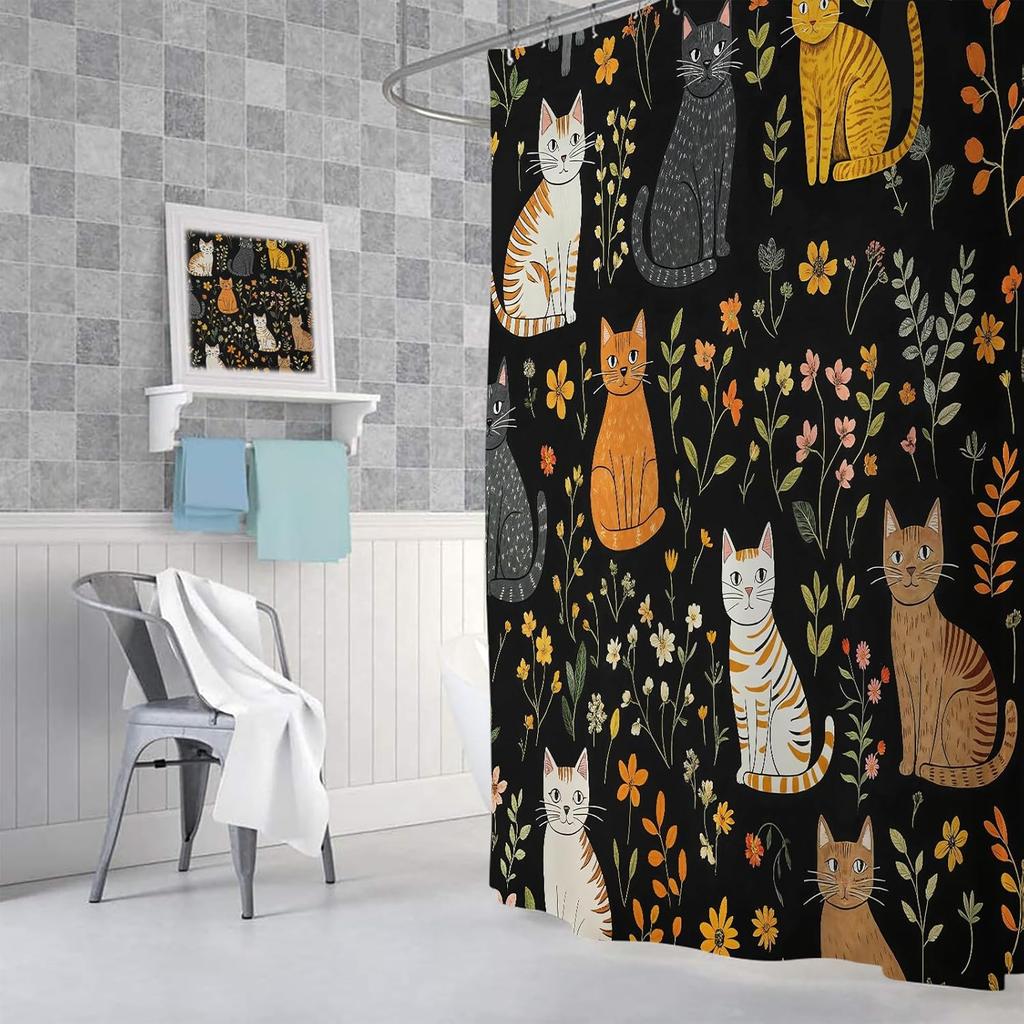 Cute Cat Shower Curtain, Funny Animal Cartoon Cat Floral Wildflower Black Fabric Shower Curtains Set For Bathroom Decorative