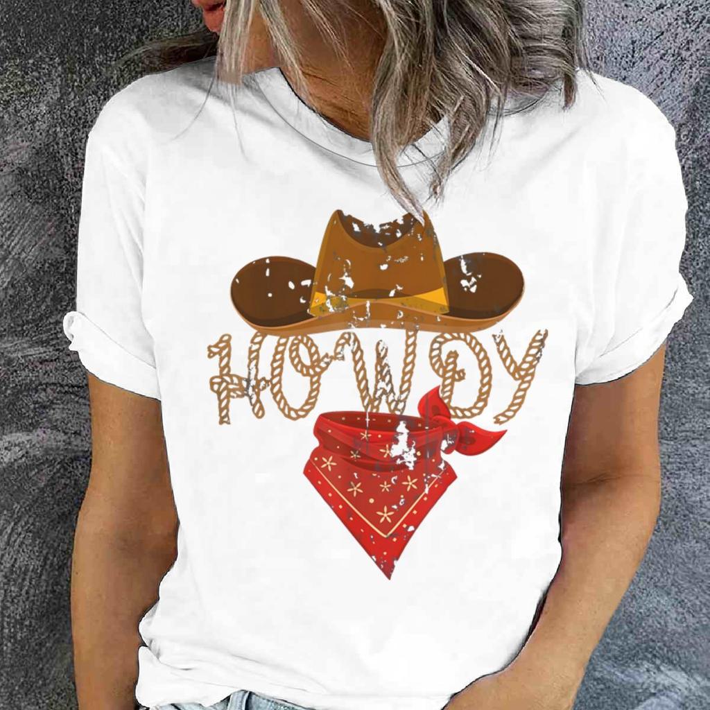Retro Howdy Cowgirl Print T-shirts For Women Summer Short Sleeve Crew Neck T-shirt Vintage Graphic Tops Tie Dye T-shirts
