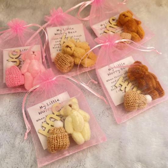 Pocket Hug Plush Bear Toy with Encouragement Card Mesh Bag Mini Positive Stuffed Bear Doll with Knitted Hat Inspirational Gift