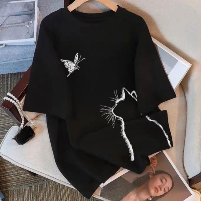 Black Summer Women's Short Sleeved T-shirt Unique Printed Short Sleeved Tops Loose Casual Round Neck Ladies Pullover