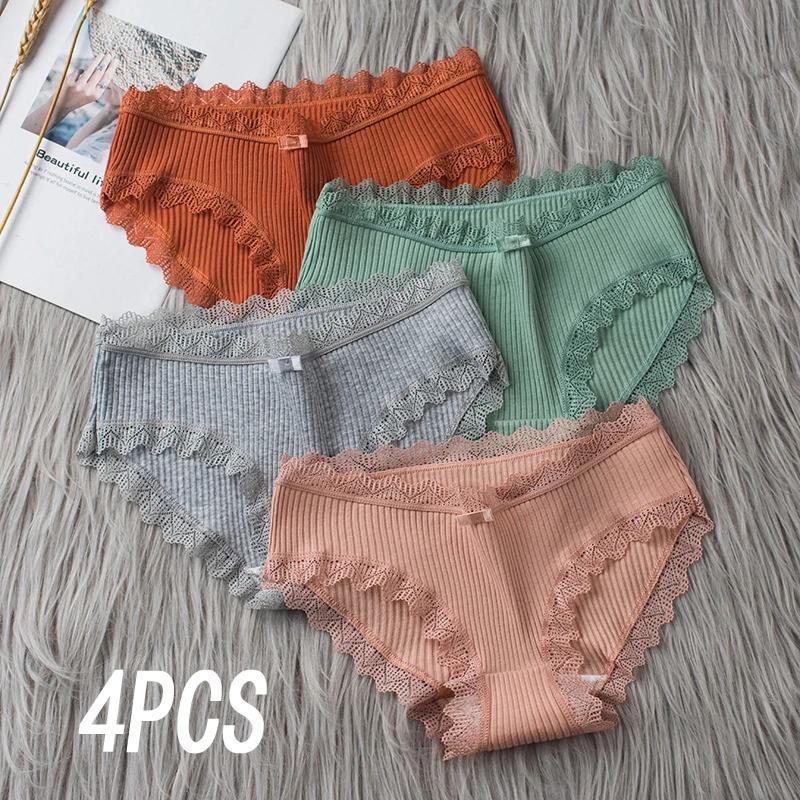 

4 Pcs Lace Wavy Trim Bikini Panties, Comfy & Breathable Elastic Intimates Panties, Women s Lingerie & Underwear M&4pcs