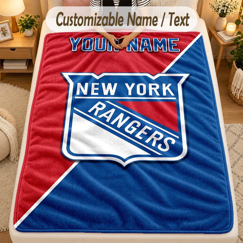 Flannel BlanketNew York Rangers Custom Name Text Personalized Soft Warm Throw Blanket Home Decor Gift