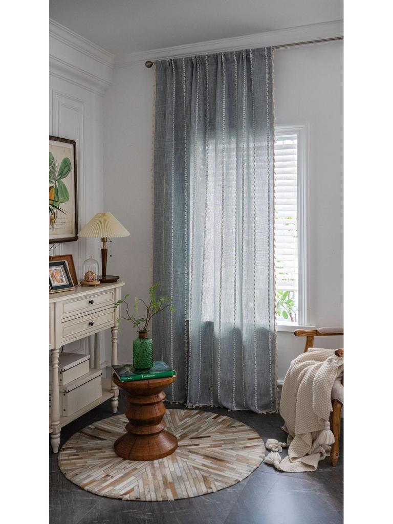 Imanqi Yun Striped Embroidery Semi-Blackout Curtains for Kitchen or Living Room, Country Style Bay Window Decor