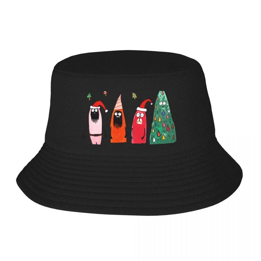 New Characters in a drawing dressed as christmas trees with santa hats Bucket Hat Streetwear Golf Cap Caps For Women Unisexs