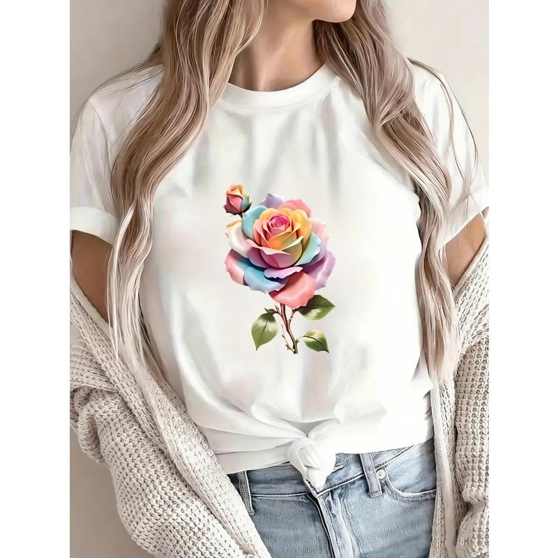 White T-Shirt With Colorful Rose Print For Casual Wear