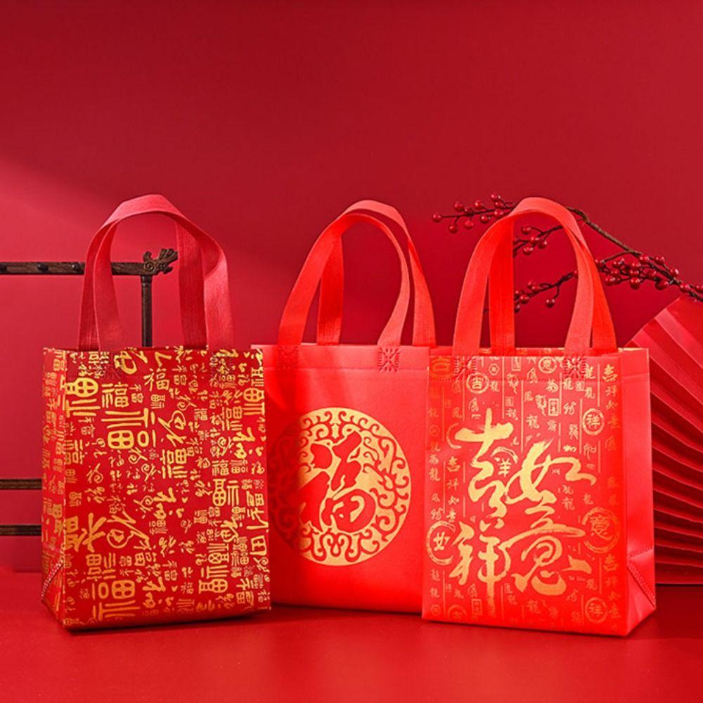 10pcs Red Chinese Style Lucky Bag Fu Letter Good Luck Non Woven Gift Bag Handbag Portable New Year Storage Bag Blessing Gift