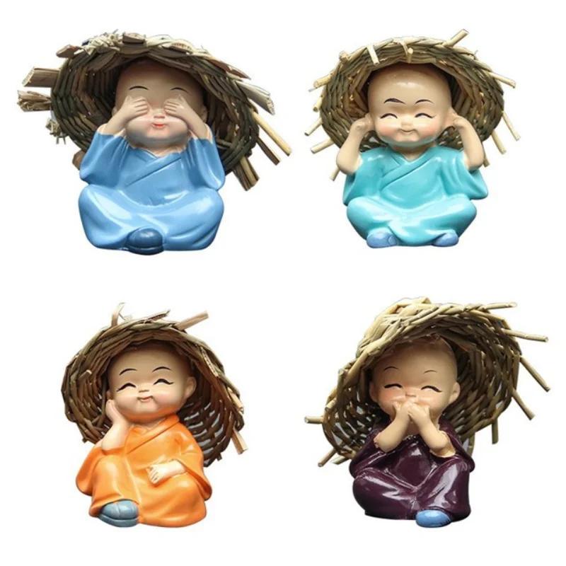 

4Pcs Lovely Llittle Monk Shaolin Doll with Straw Hat Buddha Resin Statue Crafts Small Monks Table Ornaments Home Car Decoration