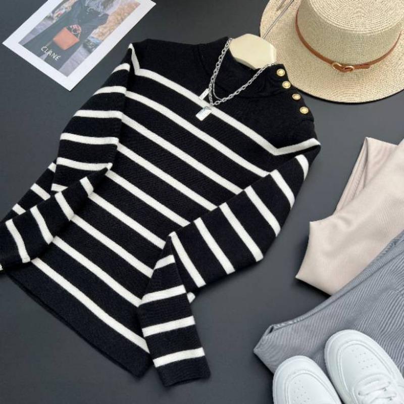 Autumn New Fashion Versatile High-end Striped Sweater Sweater Women's Chic Western Style Bottoming Shirt Top