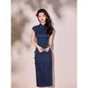 1011 new navy blue rhombus plaid improved cheongsam retro style short-sleeved long young daily wear dress