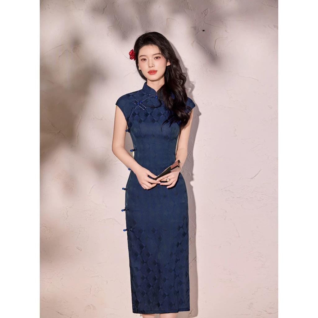 1011 new navy blue rhombus plaid improved cheongsam retro style short-sleeved long young daily wear dress