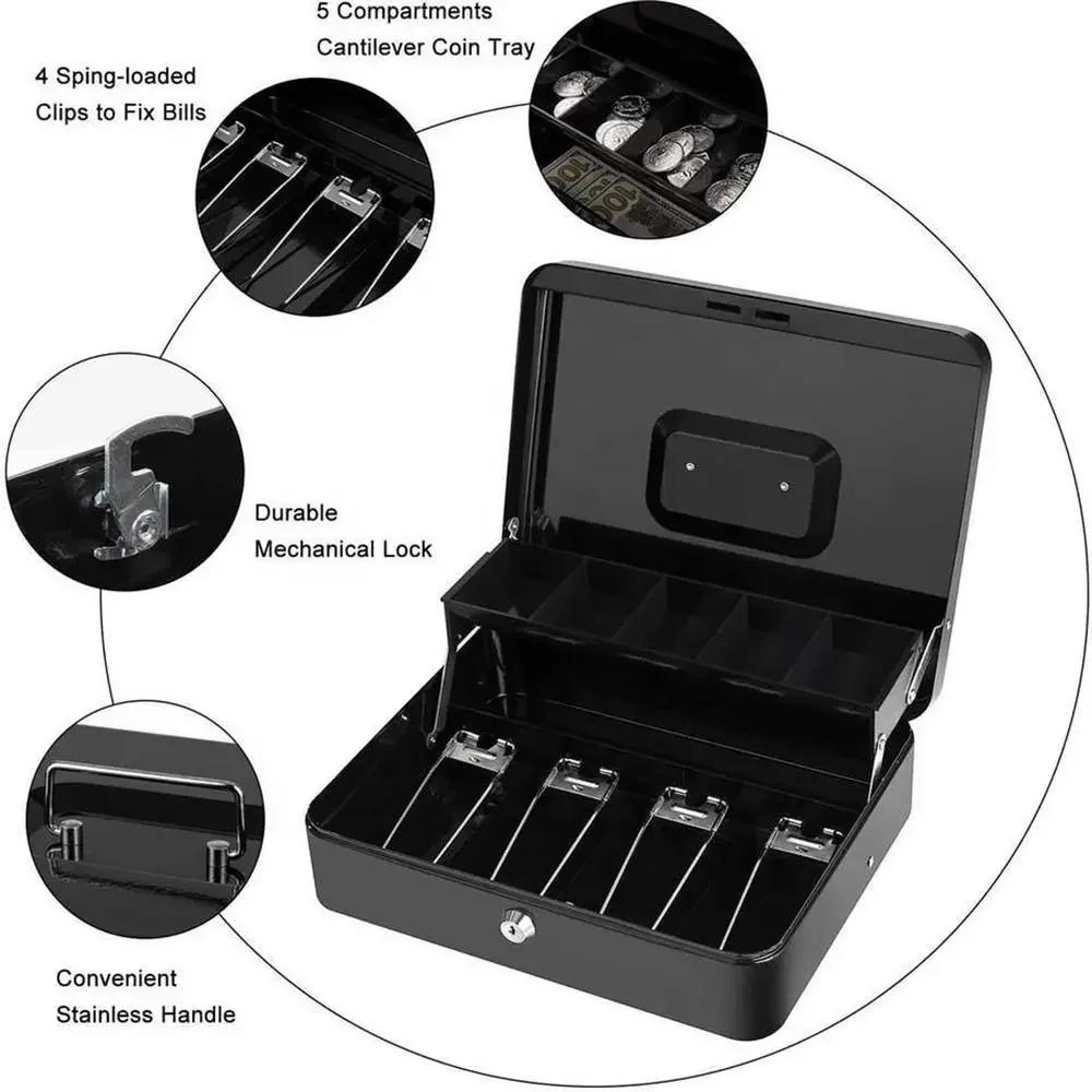 Money Box For Cash Saving Locking Cash Box With Money Tray Metal Money Saving Organizer 4 Bill/5 Coin Slots Cash Register Drawer