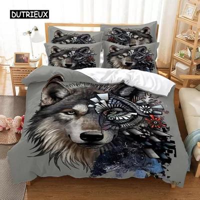 Juego de funda nórdica de lobo Juego de cama de lobo con ojo mecánico para niños, adolescentes y adultos, funda de edredón de poliéster tamaño Queen y King con impresión 3D