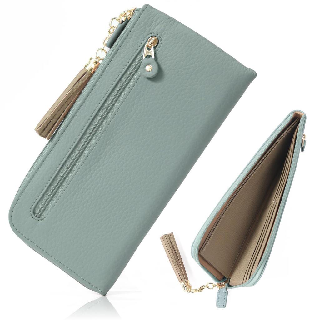 Blanc Pomme Women's Genuine Leather Long Wallet, Stylish, Skimming-Resistant, Cowhide Leather, Slim, L-Shaped Zipper, bp-1059 (Blue)