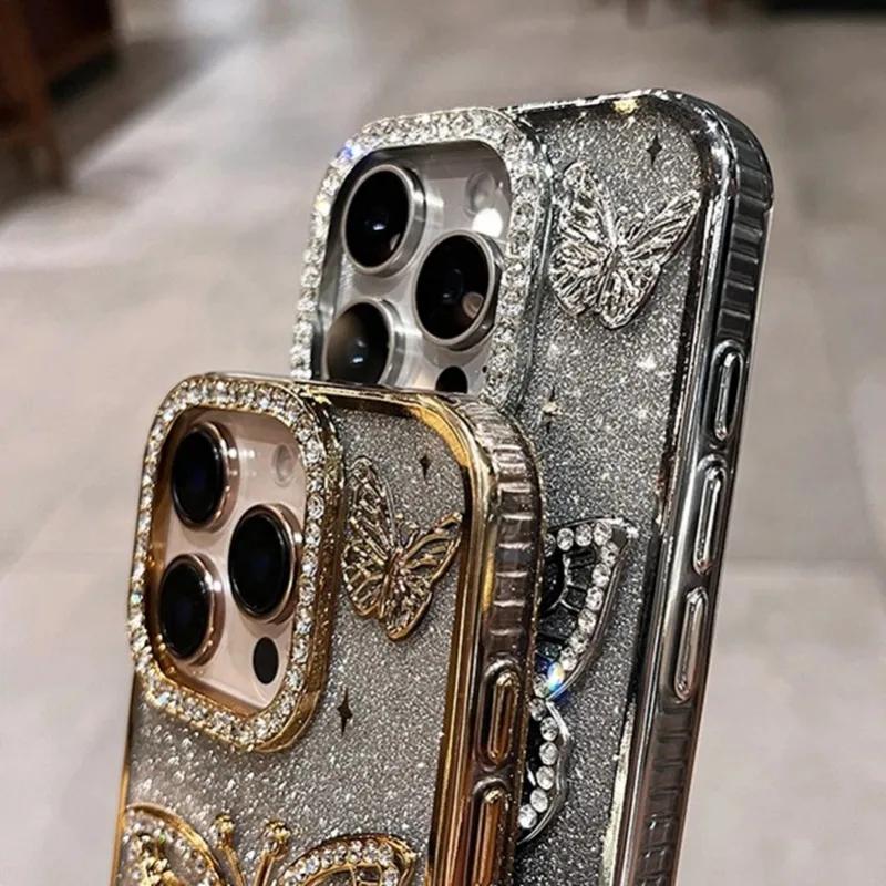 Women Girl's Diamond Butterfly Phone Case for iPhone 17 16 Pro Max 11 12 13 14 15 Plus Transparent Plating Soft Silicone Cover