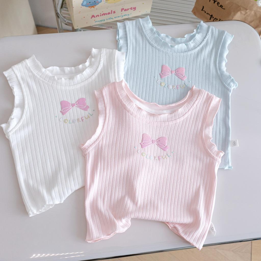 Girls Summer Cartoon Lace Bow Sleeveless T Shirt Candy Stylish Outer Wear Top For Kids