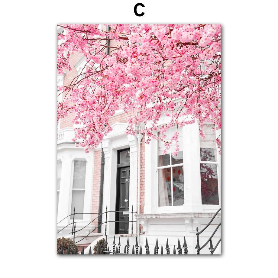 Pink Paris Building Car Cherry Blossom Rose Wall Art Canvas Painting Nordic Landscape Posters Prints Pictures Living Room Decor