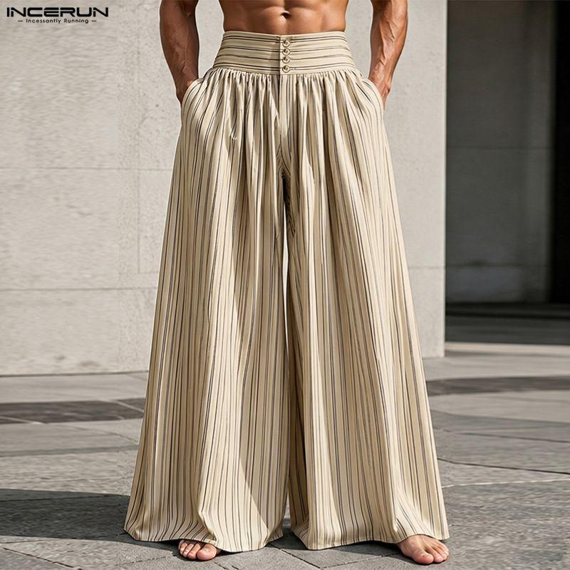 INCERUN Mens Striped Wide Leg Pants High Waist Button Loose Fit Casual Long Trousers