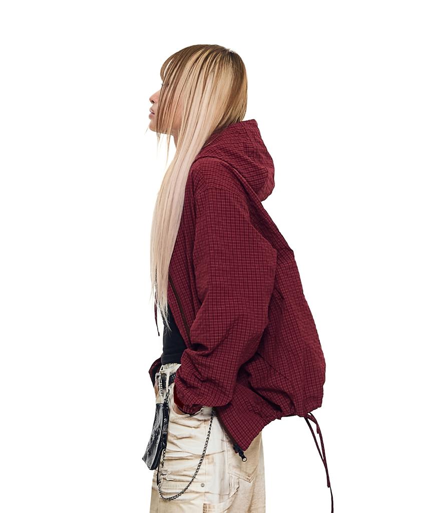 Aakam Check Pattern Hooded Jacket (Burgundy)