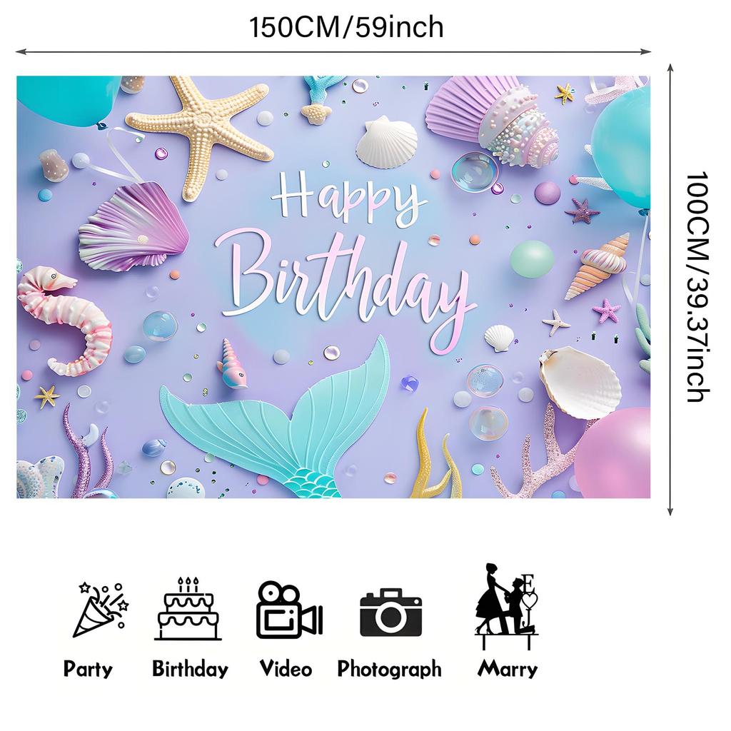 1 Piece Happy Birthday Beauty Fish Tail Seahorse Sea Star Shell Coral Background Banner Background Prop Wall