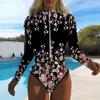 Women Long Sleeve One Piece Swimsuit Zip Front  Floral Stripes  Print Rash Guard Surfing Bathing Suit