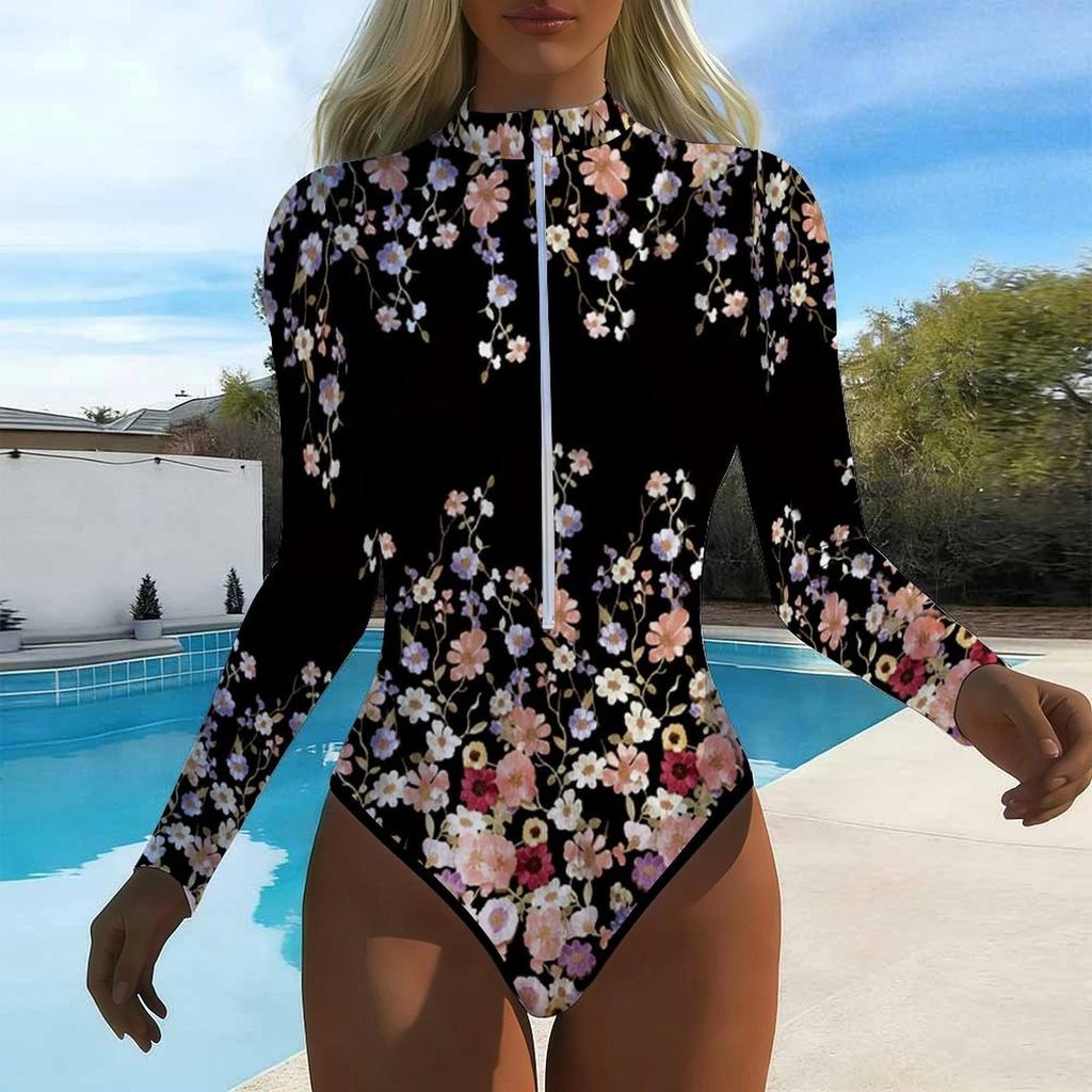 Women Long Sleeve One Piece Swimsuit Zip Front  Floral Stripes  Print Rash Guard Surfing Bathing Suit
