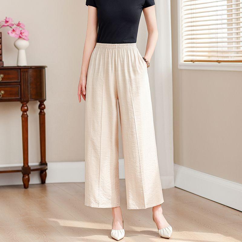 Simplicity Casual Summer Pants Women's Solid Elastic Waist Pockets Thin Style Elegant High Waist Loose Wide Leg Cropped Trousers