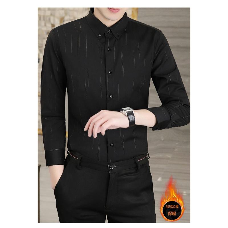 Men s White Striped Long-Sleeve Shirt Thickened Warm Casual Formal Button Top L