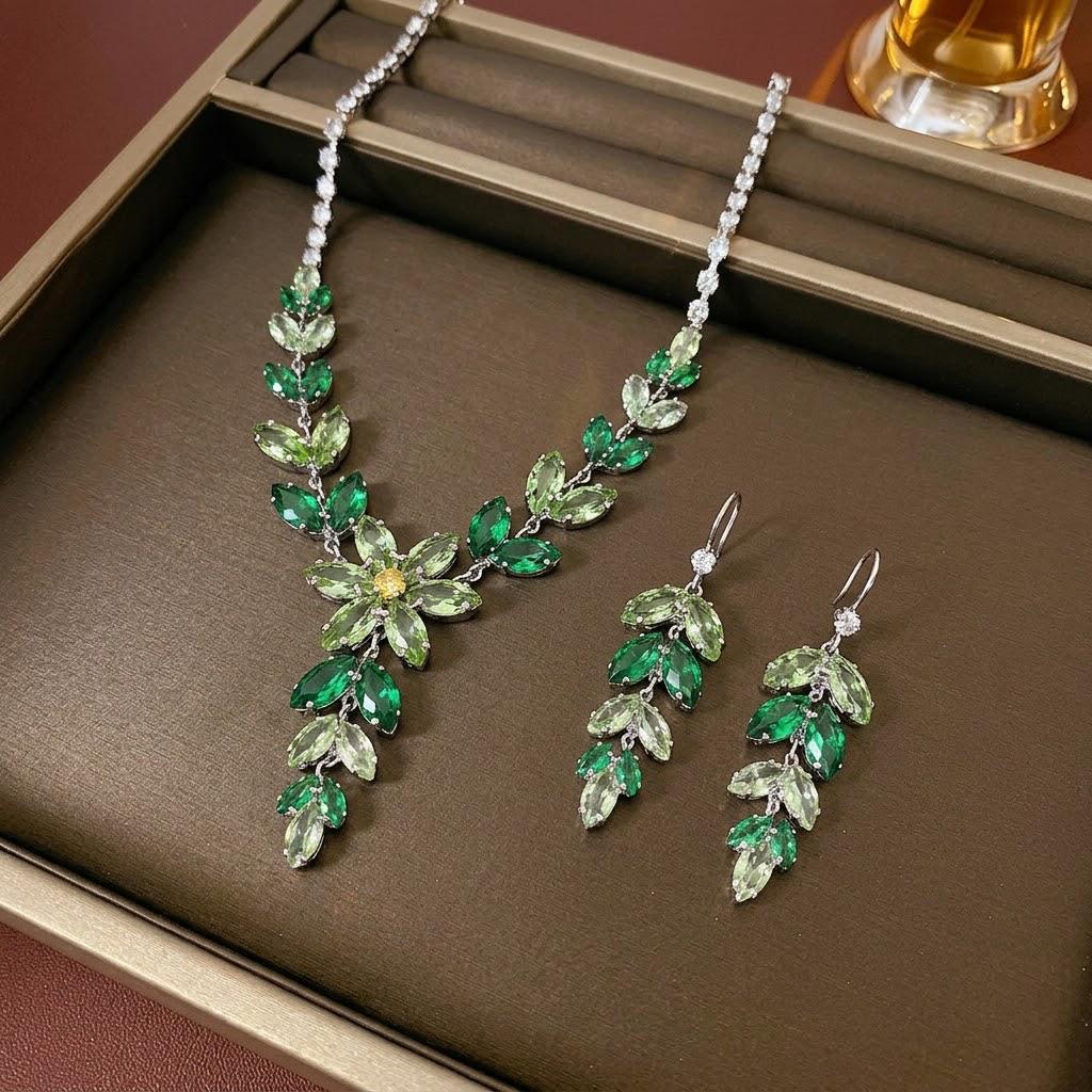 Green Tassel Wheat Ear Zircon Jewelry Set: Earrings & Necklace