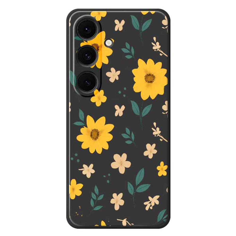 

For Samsung Galaxy S24 FE Case Yellow Floral and Leaves Pattern Printing Straight Edge TPU Phone Back Cover Black