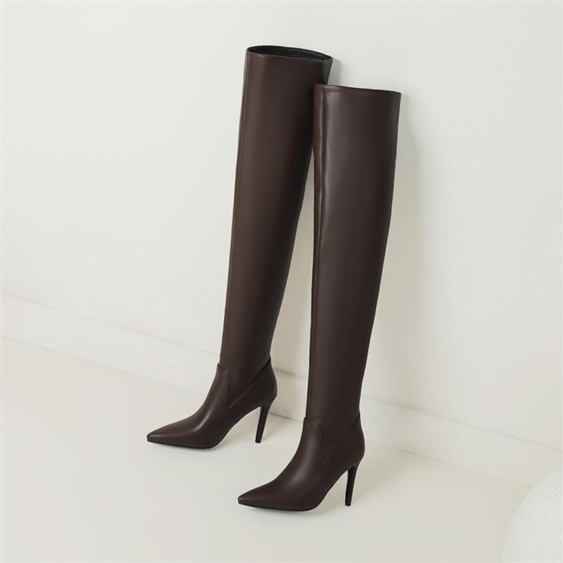 

ANNYMOLI Жіночі високі чоботи з гострим носком Тонкі високі підбори плісировані лаконічні довгі чоботи Жіноче модне взуття осінь зима чорний 43 39 коричневий