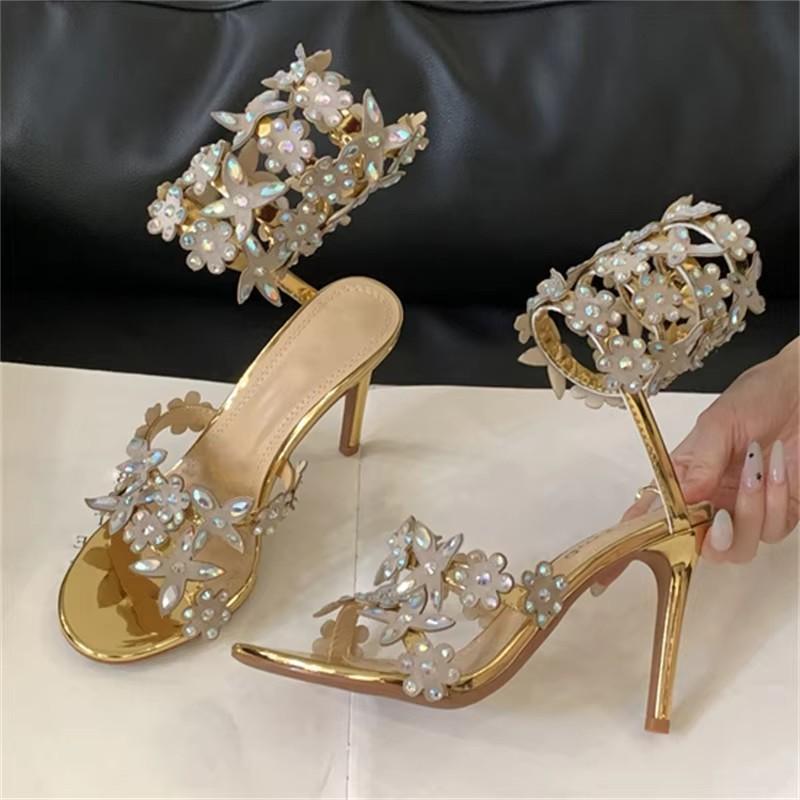 Fashion Eilyken Sexy Flower Crystal Rhinestone Pointed Toe Women Sandals Street Style Ankle Strap Banquet Wedding Thin High Heels Shoes