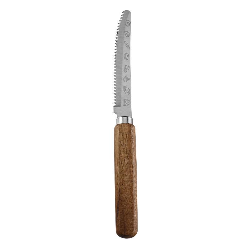 304 Stainless Steel Children’s Cutlery Set with Acacia Wood Handles - Includes Spoon, Serrated Bread Knife, Steak Knife, and Fork.