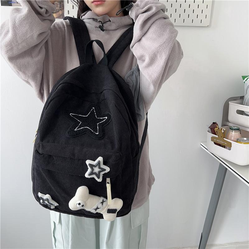 Schoolbag Star Original School Bag Female Japanese ins Corduroy Y1K Large Capacity College Wind Backpack High School Student Backpack
