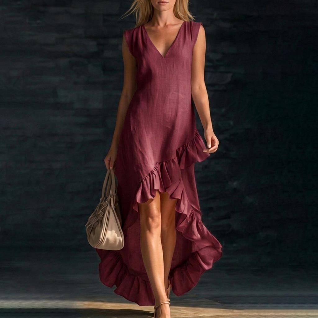 Ladies' Casual Sleeveless V-neck Ruffled Hem Cotton Linen Long Dress