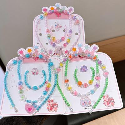 Colorful Pearl Necklace and Jewelry Set: Beaded Bracelet, Cartoon Headband, Earrings - Princess Accessories for Girls