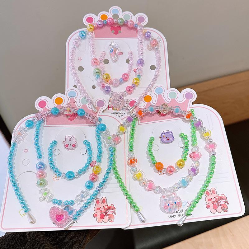 Colorful Pearl Necklace and Jewelry Set: Beaded Bracelet, Cartoon Headband, Earrings - Princess Accessories for Girls