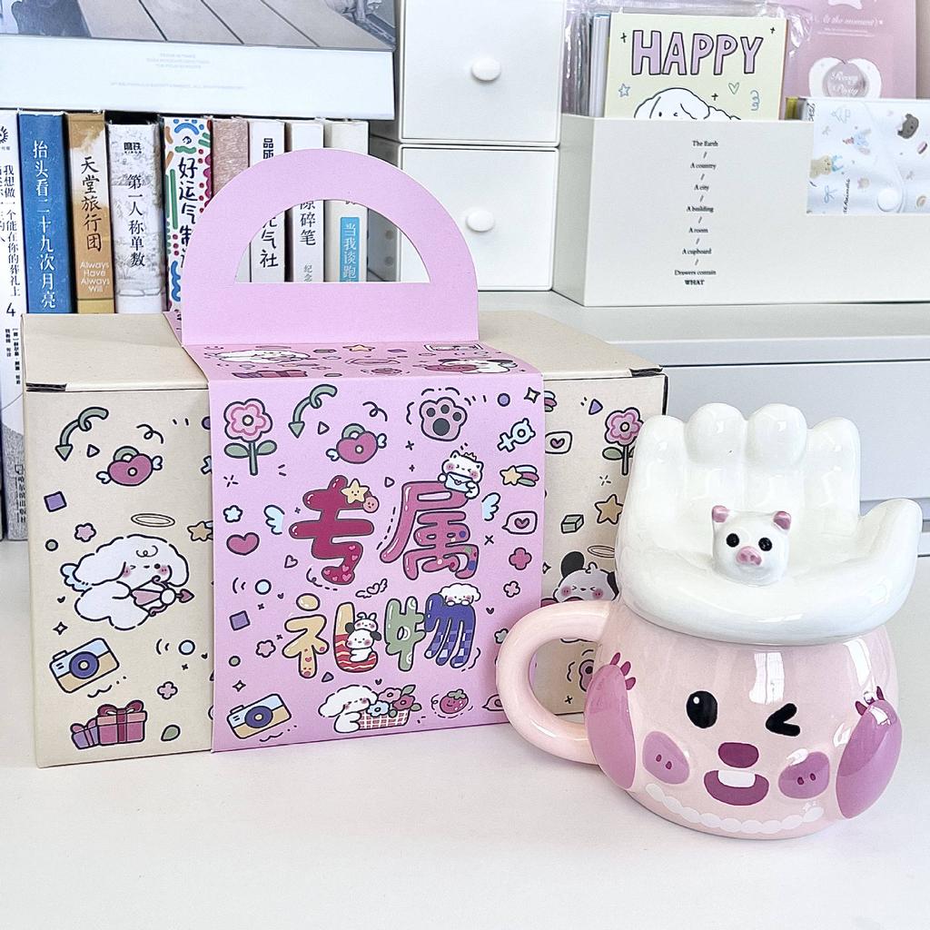 Cute Siamese cat ceramic mug with lid for girls' birthday gift girlfriend souvenir cat cup gift box