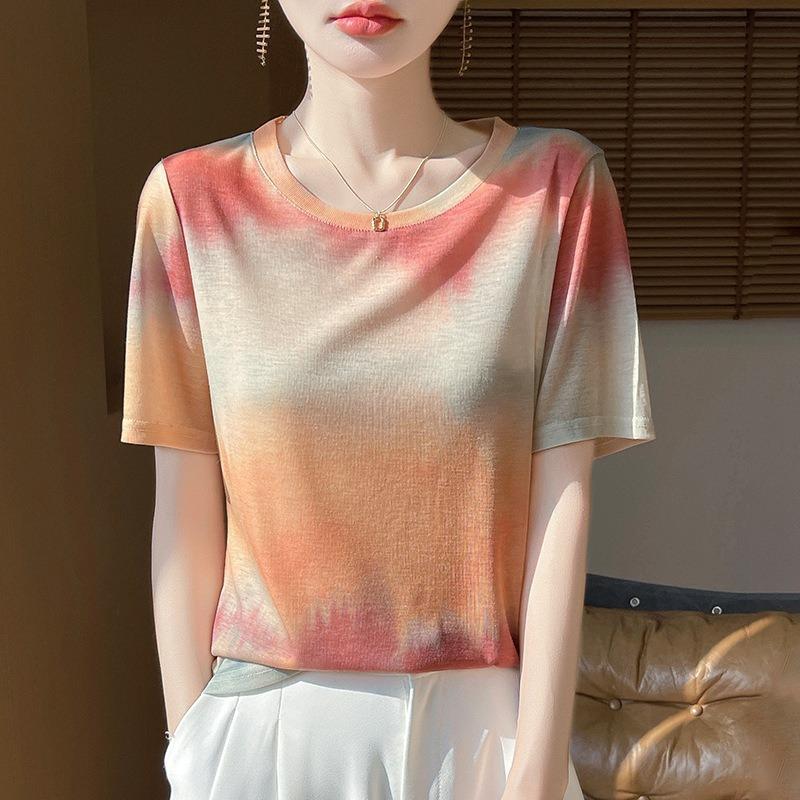 Women's New Summer Tie-dye Ink Painting Short-sleeved Casual Versatile Thin Positive Shoulder Round Neck T-shirt
