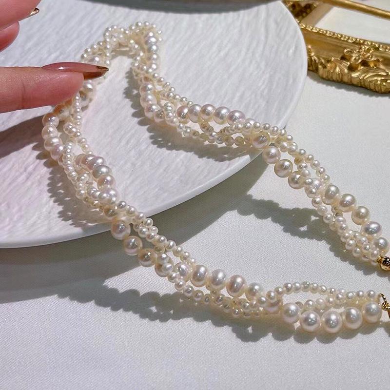 Natural freshwater pearl neck chain, three-layer choker necklace, female collarbone chain 11k gold injection, retro high-end light luxury
