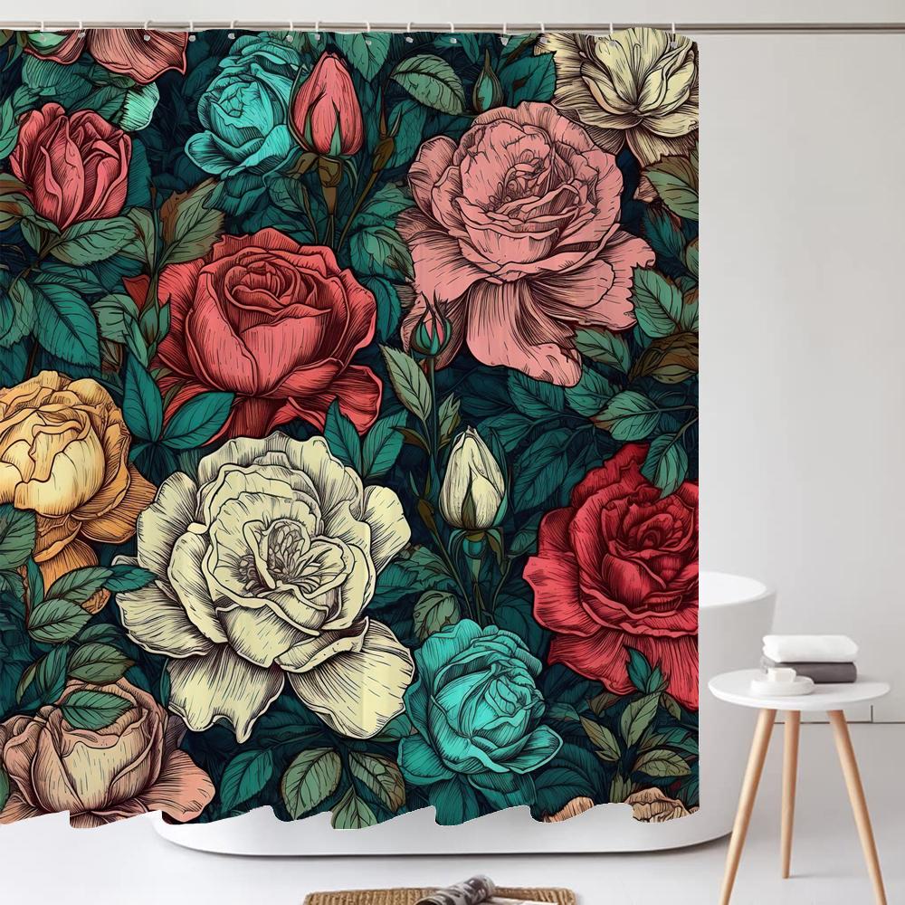 Watercolor Red Flower Shower Curtain Flowers and Plants Waterproof Polyester Bath Curtain For Bathroom Home Decor Accessories