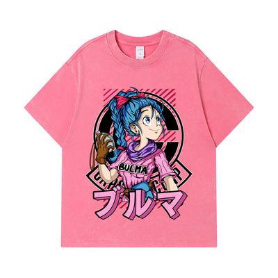 275 GSM Gewaschene T-Shirts 100% Baumwolle Dragon Ball V17 Bulma Aufdruck Unisex Schweres Baumwoll-T-Shirt