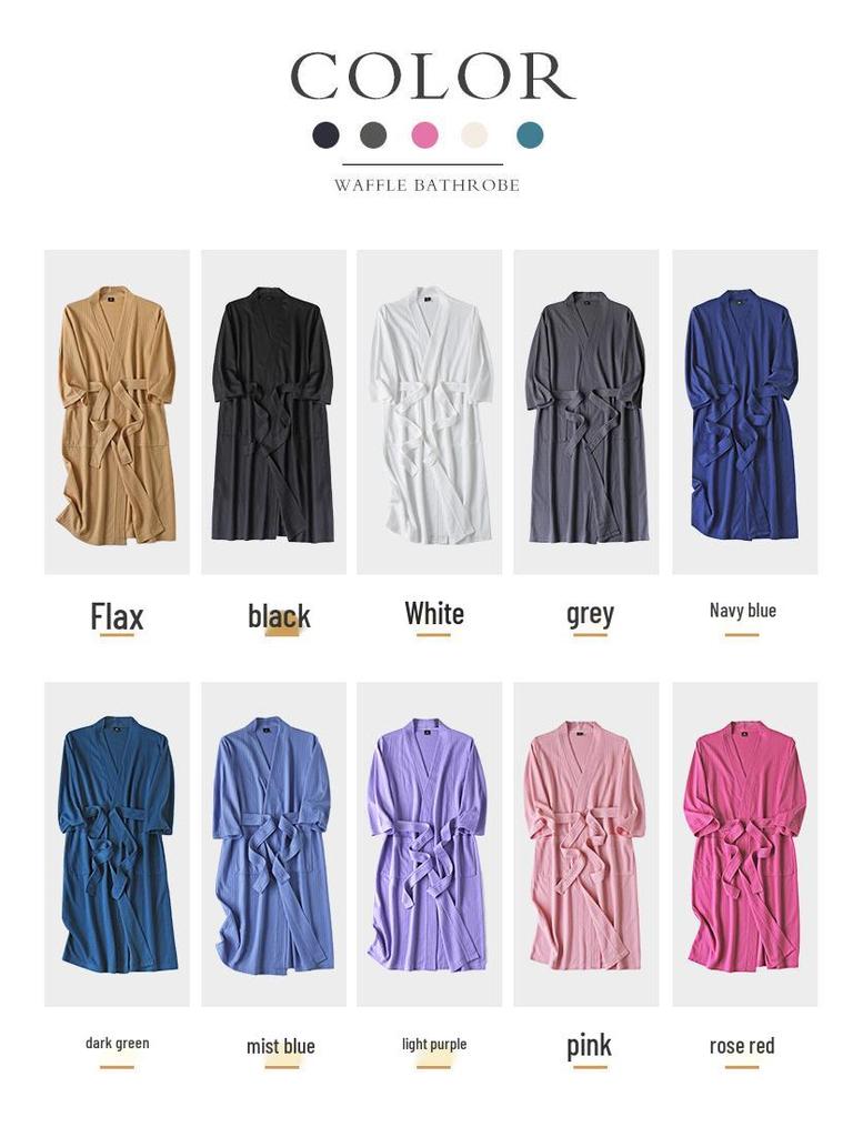 Women's Plus Size Quick-Dry Black Waffle Bathrobe with Three-Quarter Sleeves - Summer Thin