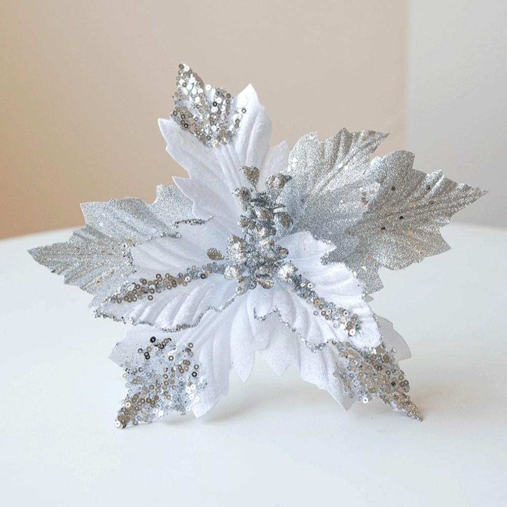 Glitter Powder Sequin Velvet Christmas Flower with Stem Colorful Fake Flower Ornament Sequins Shape Retention Xmas Tree Pendant
