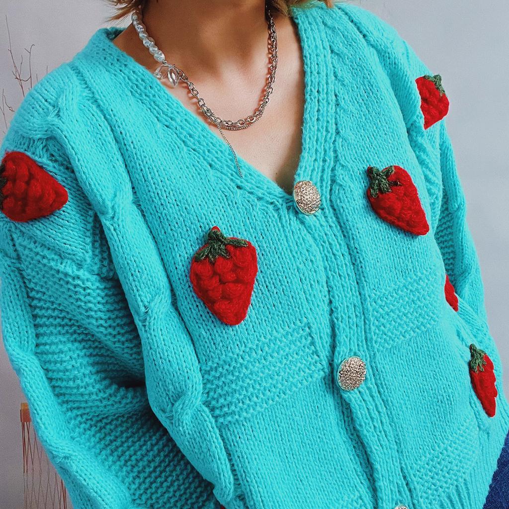 Casual Loose Strawberry Embroidery Thick Fried Dough Twists Single Breasted Knitting Sweater Coat Cardigan Women 3590 KTB