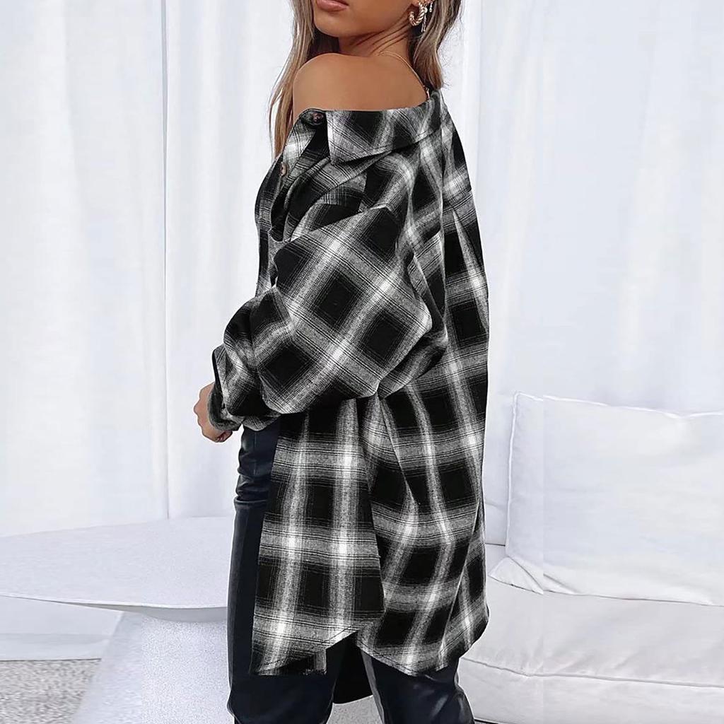 Women's  And Winter Mid-Length Lapel Cardigan Single-Breasted Pocket Plaid Shirt Top