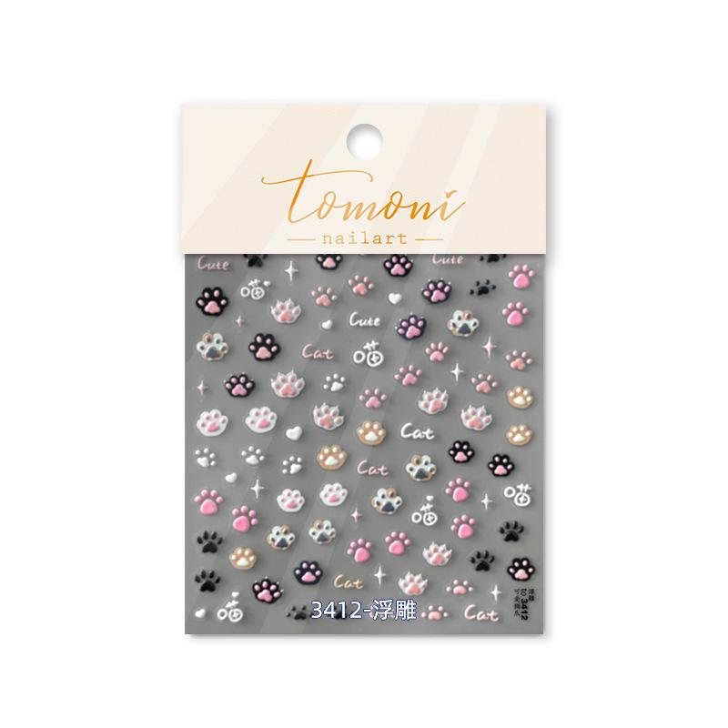 Tomoni Embossed Nail Art Stickers: Cute Cat Paw Prints for Kids