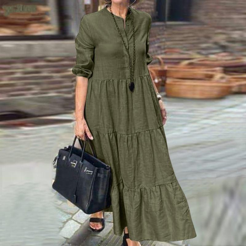 GMXIA Summer Women's Solid Colour Big Hem Casual Loose Cotton Linen Dresses